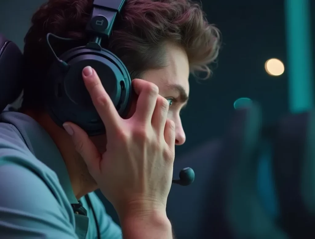 Scottish gamers report , A close-up of a gamer with a headset, emphasizing concentration on the screen with ear discomfort.