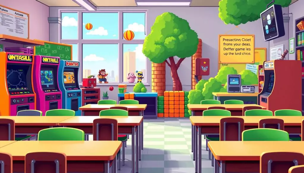 A colorful digital landscape featuring classic unblocked games with pixelated characters, retro arcade machines, and 8-bit graphics, set in a cheerful school environment with students and desks.