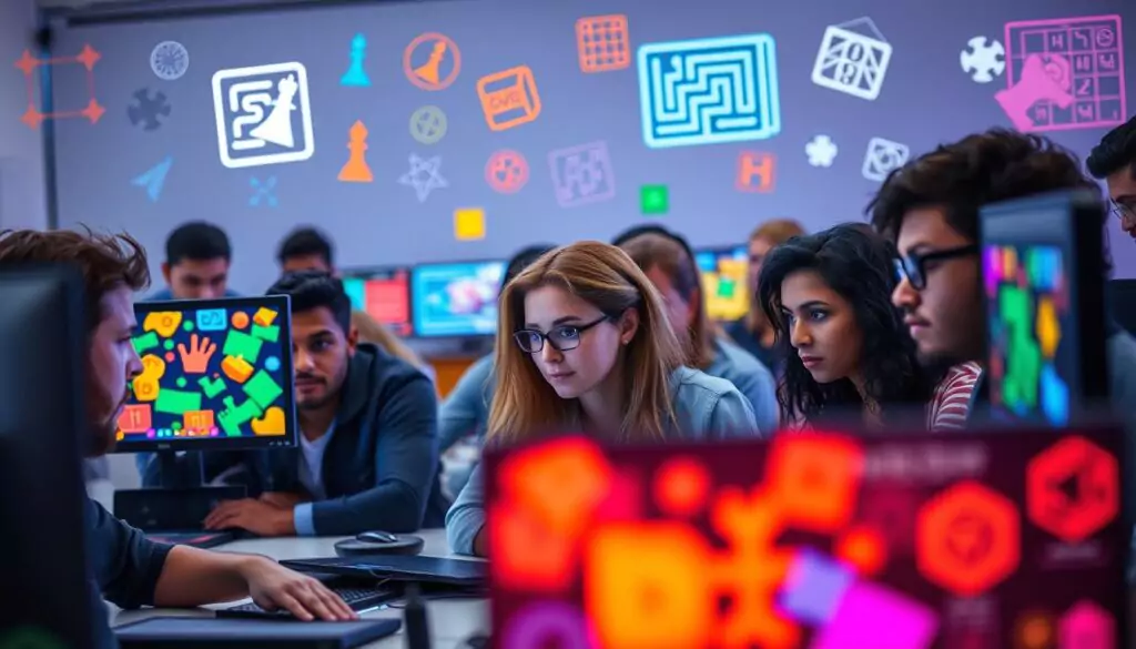 A diverse group of people focused on strategy and puzzle games on sleek computer screens, with colorful graphics illuminating their faces in a modern classroom or office setting.