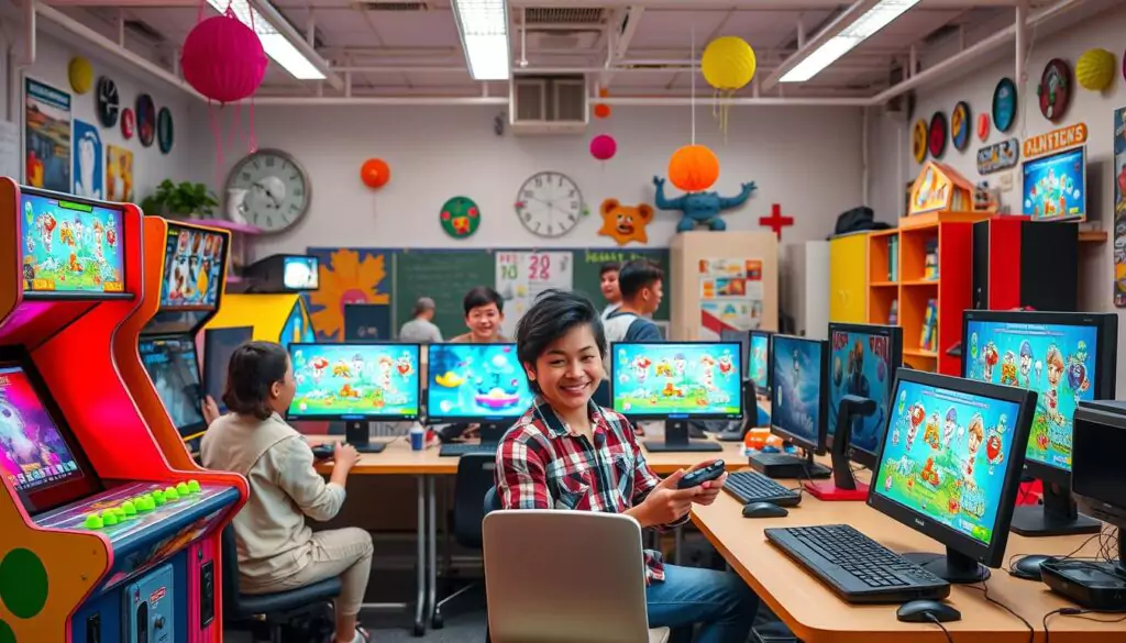 A lively gaming scene in a colorful classroom with arcade machines, laptops, and desktop computers displaying unblocked games. Students and professionals are engaged in gameplay, surrounded by playful decorations and cheerful expressions.