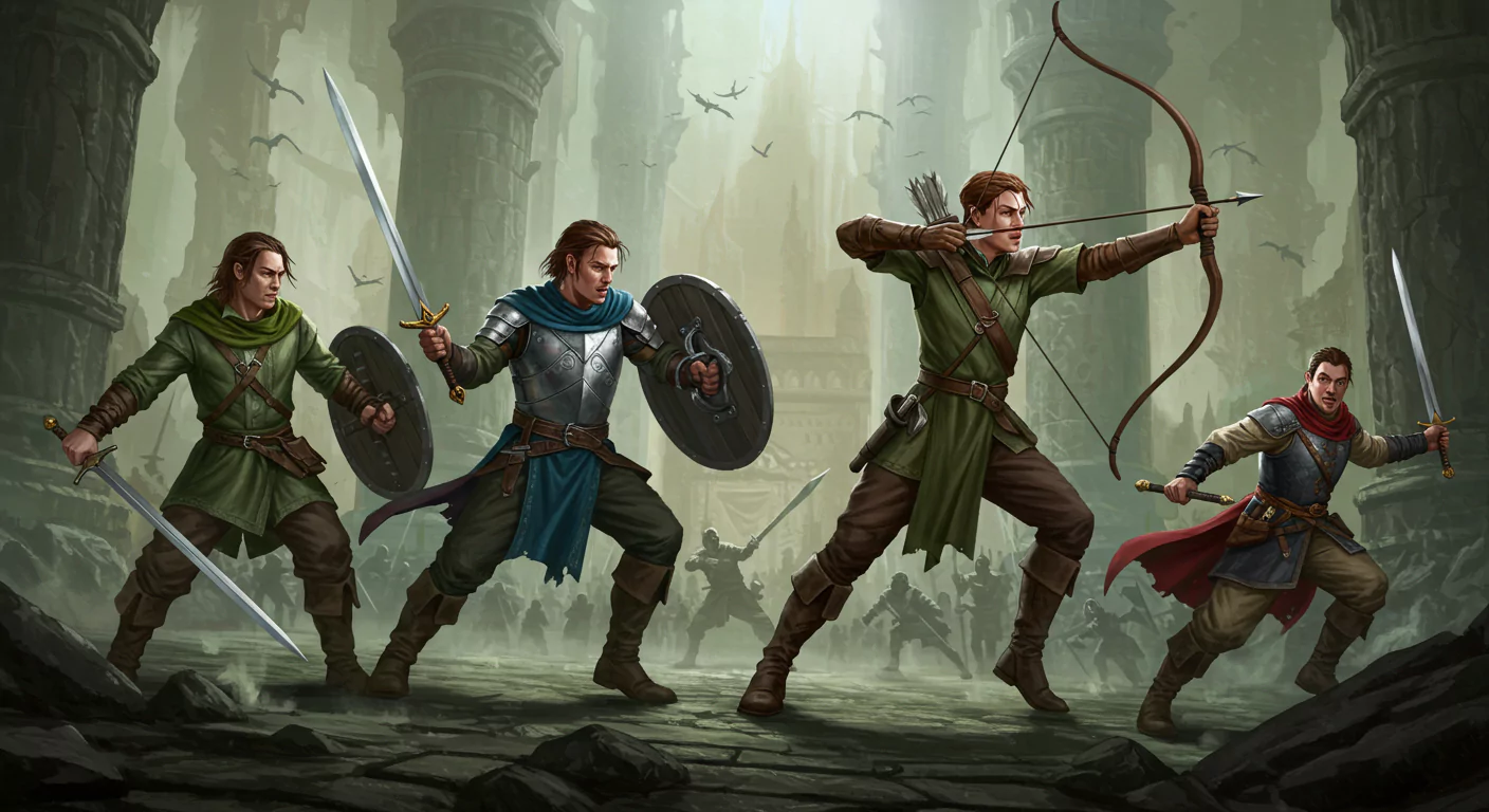 A group of Dungeons & Dragons fighters showcasing different fighting styles, including Defense, Archery, and Two-Weapon Fighting, in a medieval fantasy setting.