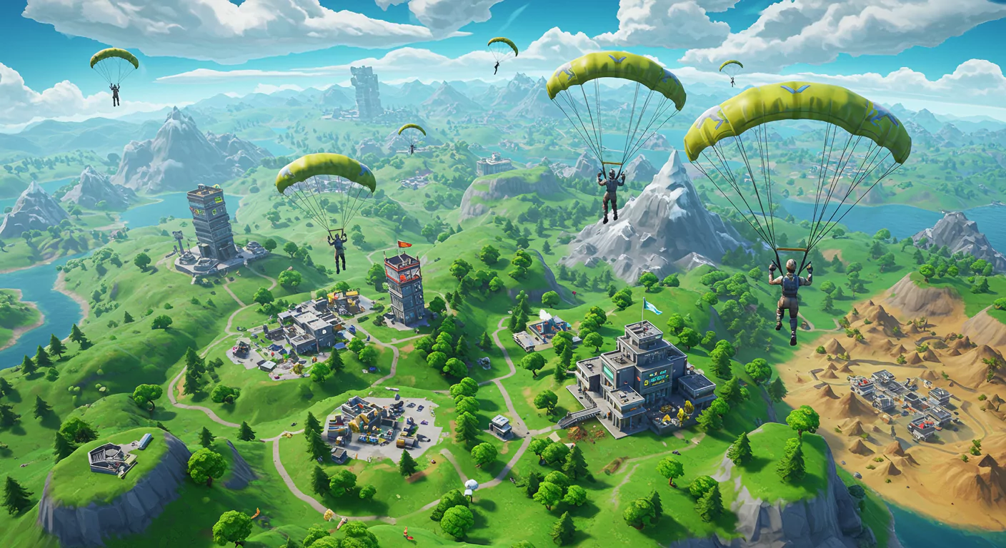 Bird's-eye view of the Fortnite map showcasing key locations like Tilted Towers and Pleasant Park, with players parachuting in for strategic landings.