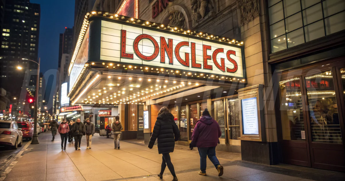 A theater marquee showing the movie "Longlegs" with available showtimes.