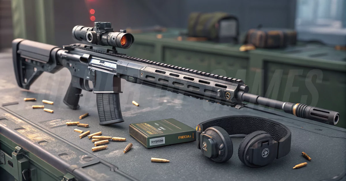 Close-up view of the Static HV rifle with holographic sight and tactical attachments, displayed on a futuristic military surface.